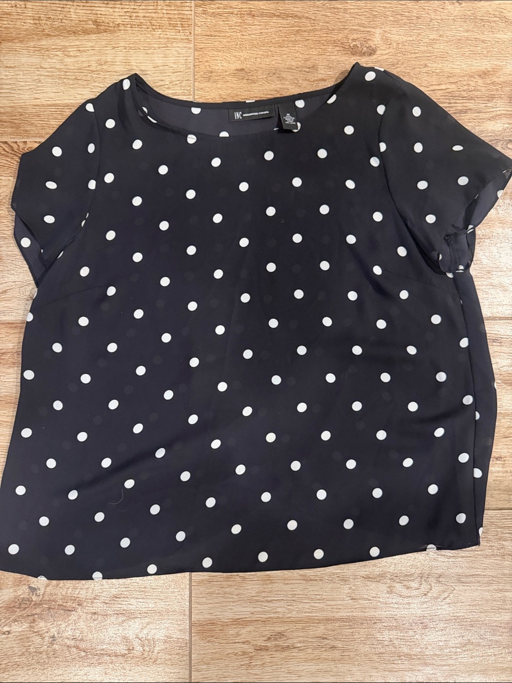 INC International Concepts Black and White Polka Dot Short Sleeve Blouse
